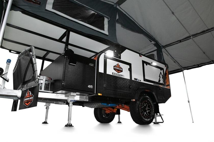 Lumberjack's hardedged teardrop trailer folds into a tiny cabin