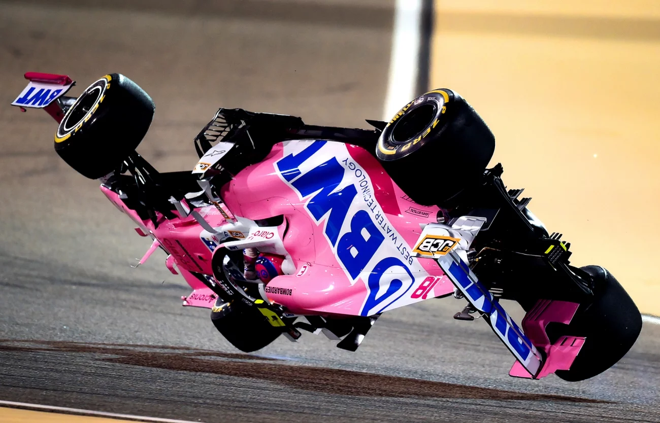 Remarkable Artwork - Sports in Action. Stroll Rolls. Lance Stroll of Canada driving the Racing Point RP20 Mercedes is launched upside down following a crash during the F1 Grand Prix of Bahrain at Bahrain International Circuit on November 29, 2020.