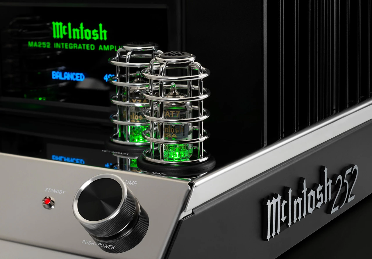 The MA252's 12AX7a and 12AT7 vacuum tubes are protected by cages to the top of the stainless steel chassis