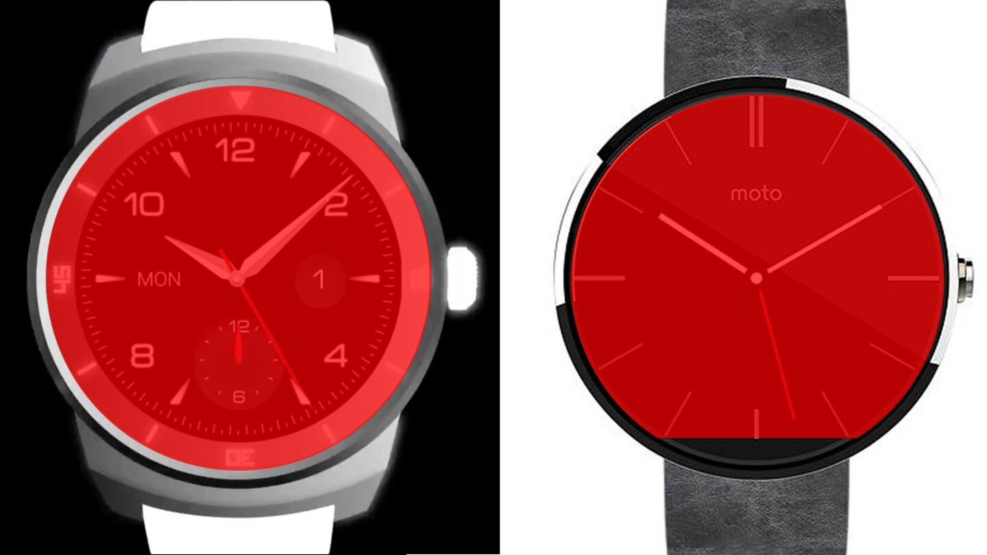 LG's teased G Watch R (left) appears to have a fully round display, while the Moto 360's is cut off at the bottom