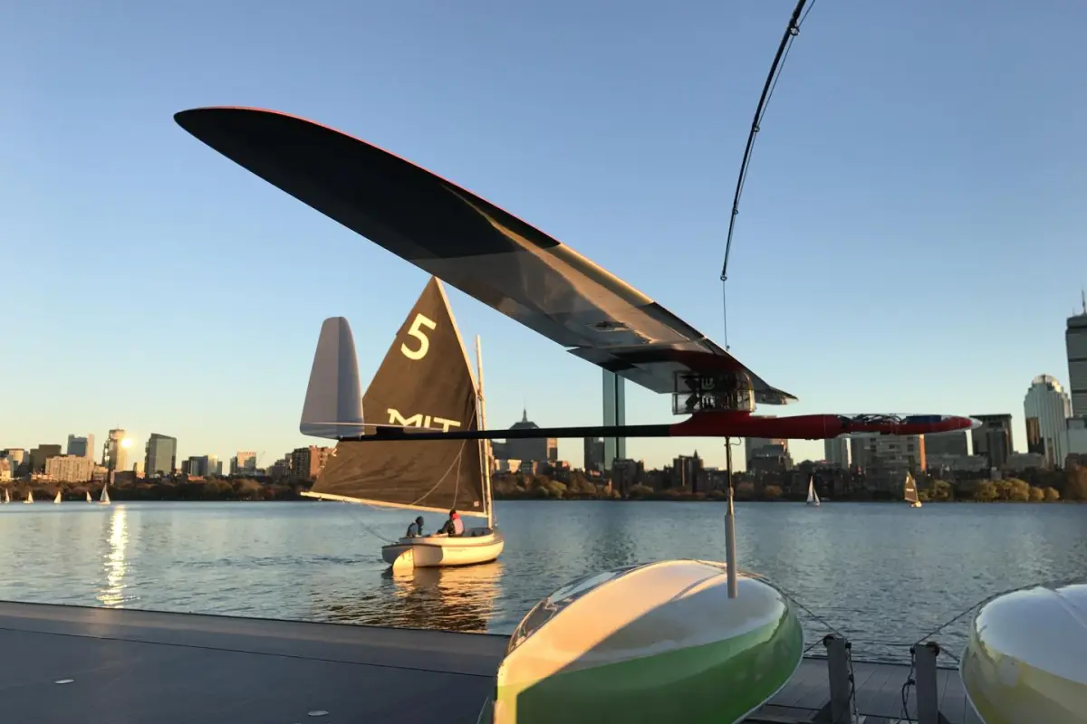 The Albatross glider, designed by MIT engineers, on the Charles River in Boston