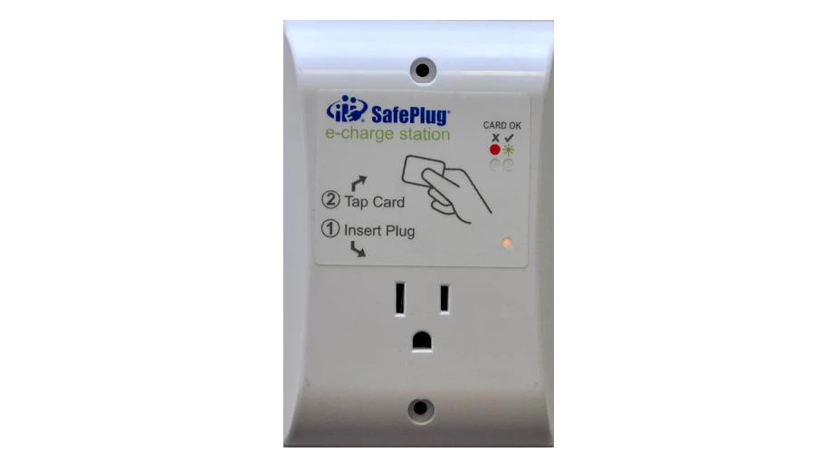 The SafePlug 1200-P3 pay-per-use electrical outlet, for electronic device users who need to recharge on the go