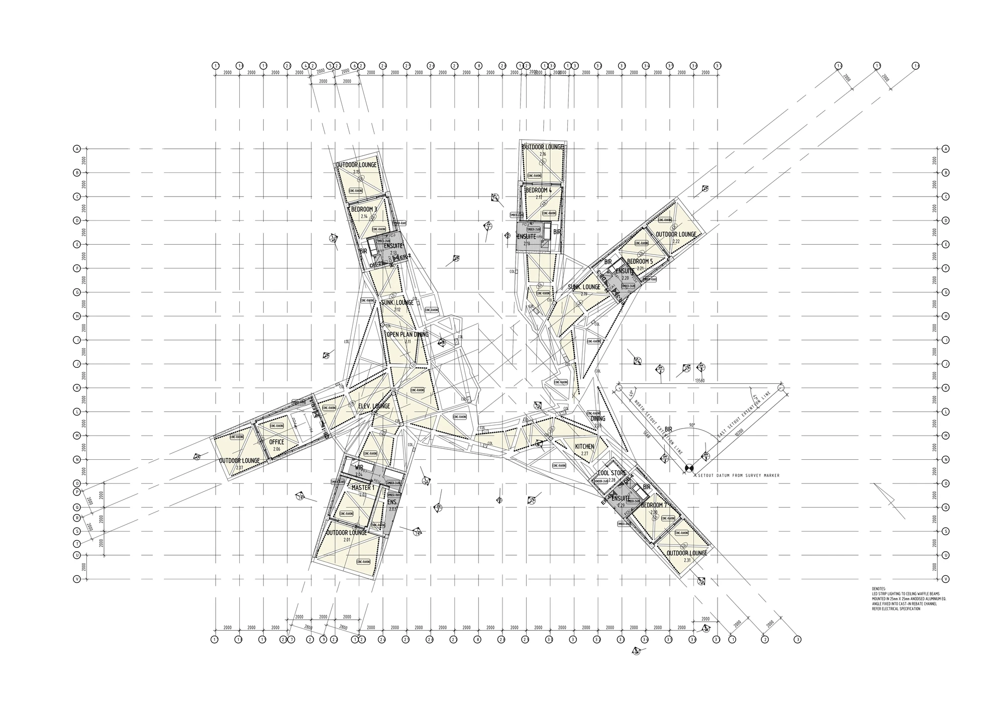 The blueprints show two floors comprised of seven bedrooms protruding from a larger living area