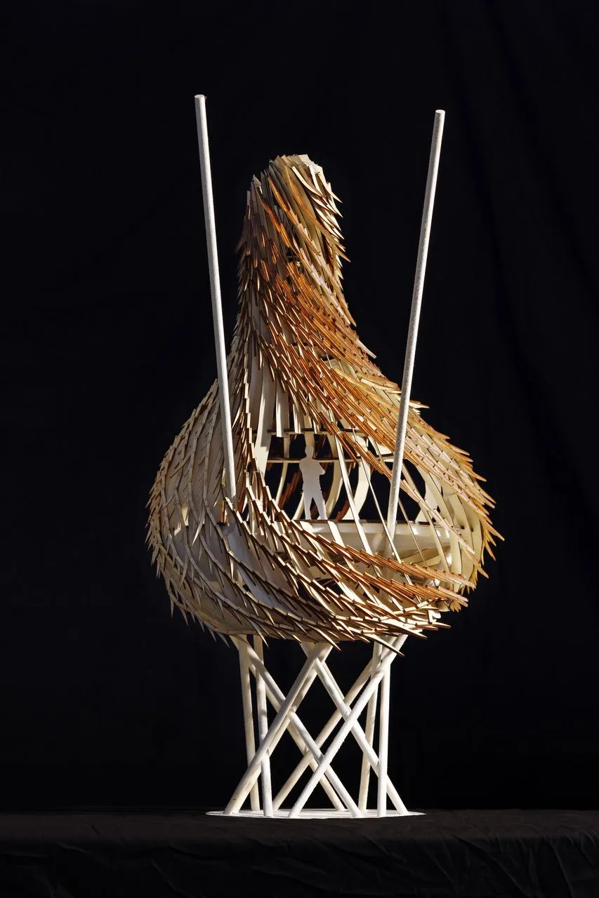 The treehouse form is based on the elaborately woven nests of the Bowerbird and Weaver bird