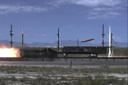 A rocket sled employing active flow control releases a MK-82 at Mach 2 Photo: U.S. Air Force