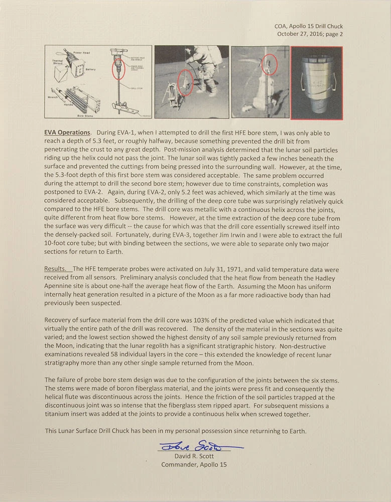 Statement of provenance for the Apollo 15 chuck (2nd page)