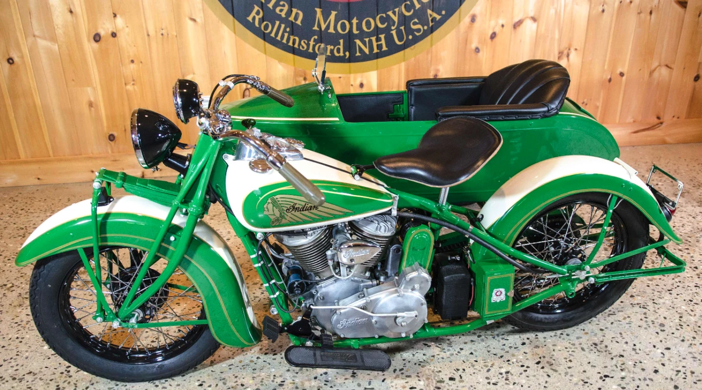 A very fast pre-war motorcycle, a 1938 Chief in stock condition was clocked at 120.7 mph in period, significantly faster than its Milwaukee competition with a stock machine. Sold with matching Princess sidecar, this fully-restored 1938 Chief sold for $50,600.