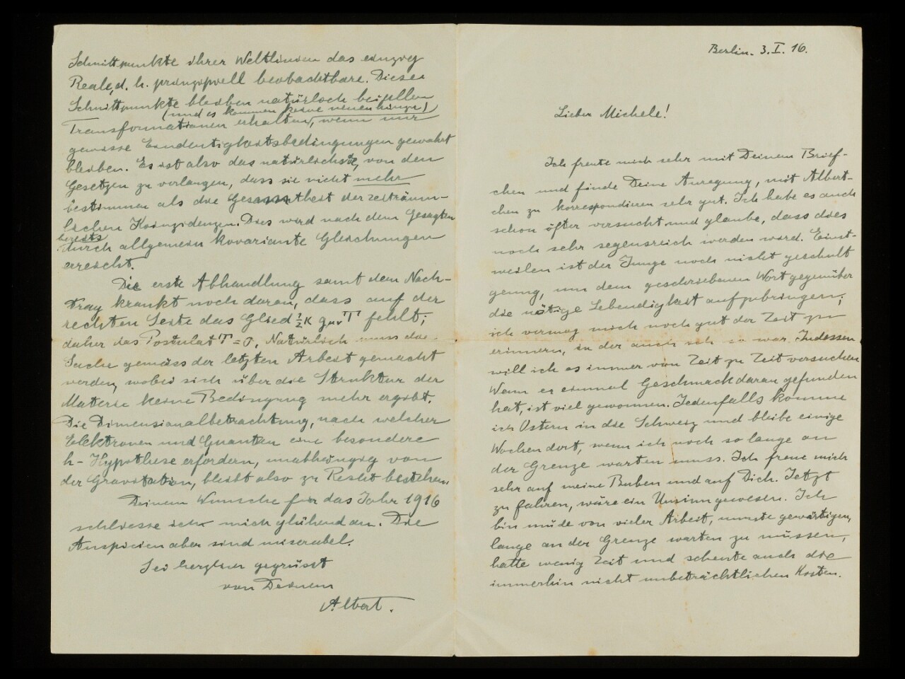 This autograph signed four-page letter to Michele Besso by Albert Einstein was written from Berlin on January 3, 1916. Translated in parts in the auction description, the letter includes this excerpt: 'The great success of gravitation pleases me extraordinarily. I have the serious intention of writing a book soon about special and general relativity, and yet have difficulty in getting started, as with all things that don't spring from a burning desire. And yet if I don't do it, the theory will not be understood, no matter how simple its basis'. Einstein's book on relativity theory was to be published later that year as Die Grundlage der allgemeinen Relativitaetstheorie (A full translation of that book can be found at The Foundation of the Generalised Theory of Relativity. The letter sold for $125,000 at Christies on July 13, 2017