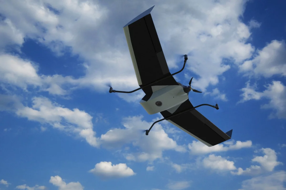 The Birdie drone with its VTOL module – in fixed-wing flight mode, it can remain airborne for up to one hour