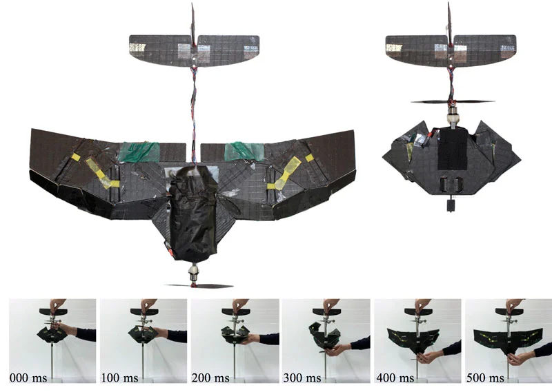 When folded up, the drone has only 43 percent of the wingspan and 26 percent of the surface area of when it is in operational mode