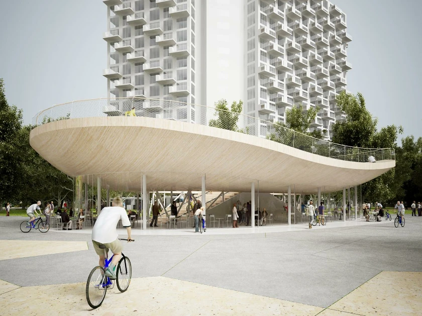 The Netherlands-based designers compare their concept with a traditional pagoda, with the steeply banked bends of the bicycle track forming upward-curving eaves from the point of view of outside observers