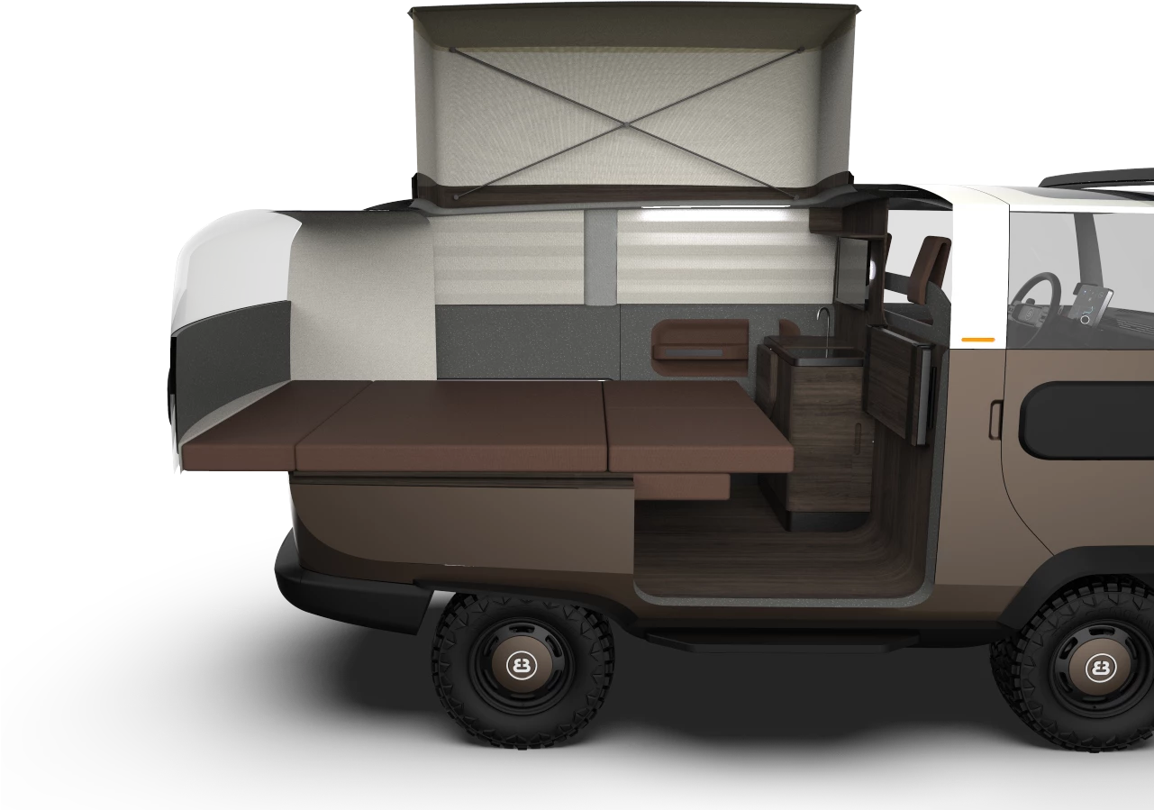 The eBussy Camper design relies on the rear slide-out to create a properly sized sleeping area