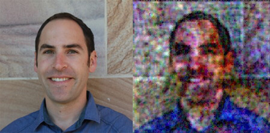 A photo of UQ researcher Tyler Neely (left), and a reproduction of that image on a "quantum canvas" (right), which has been given color in post-production processes