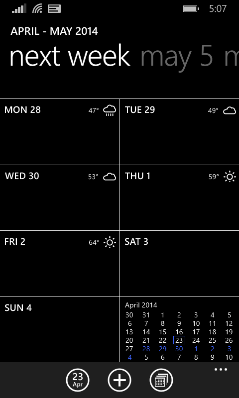 The Calendar app now has week view and weather for each day