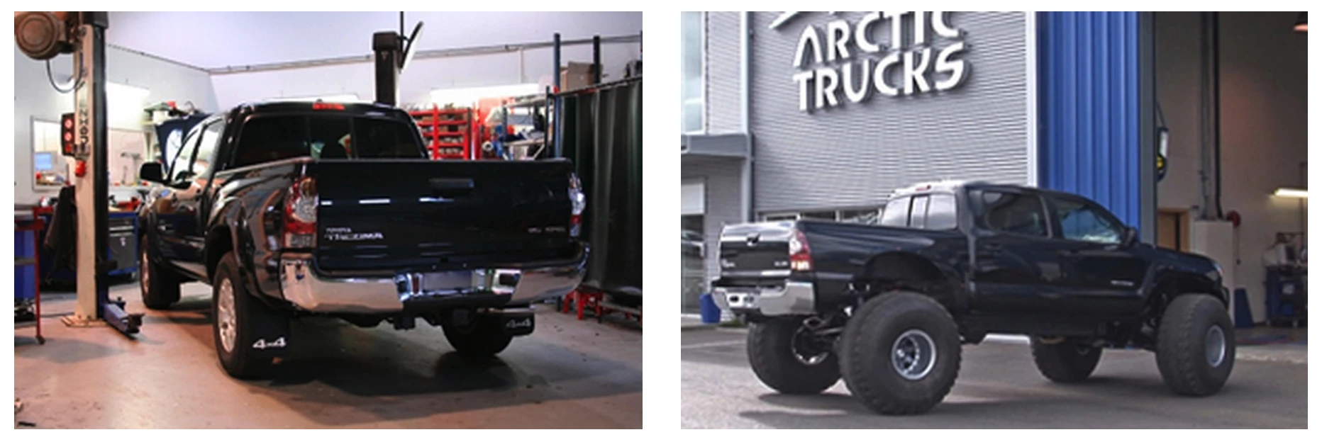 The Toyota Tacoma before and after the AT44 conversion at Arctic Trucks. The AT44 was then sent to Ian Nisbett Design in the UK for styling work (Images: Arctic Trucks)