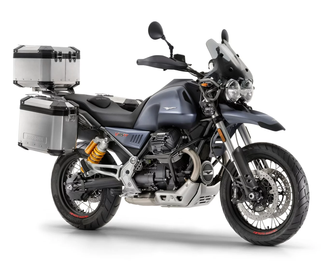 Travel gear on a blue 2019 Moto Guzzi V85 TT