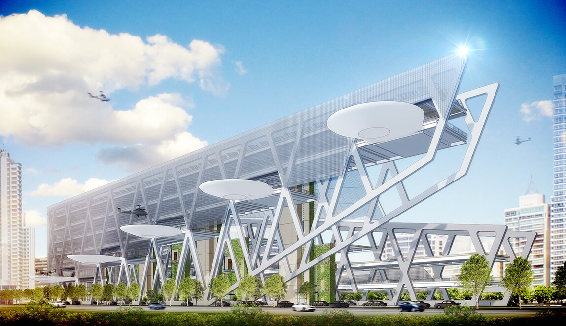 This Skyport concept by US firm BOKAPowell features six landing pads and is designed to handle 1,000 vehicle landings and take-offs every hour