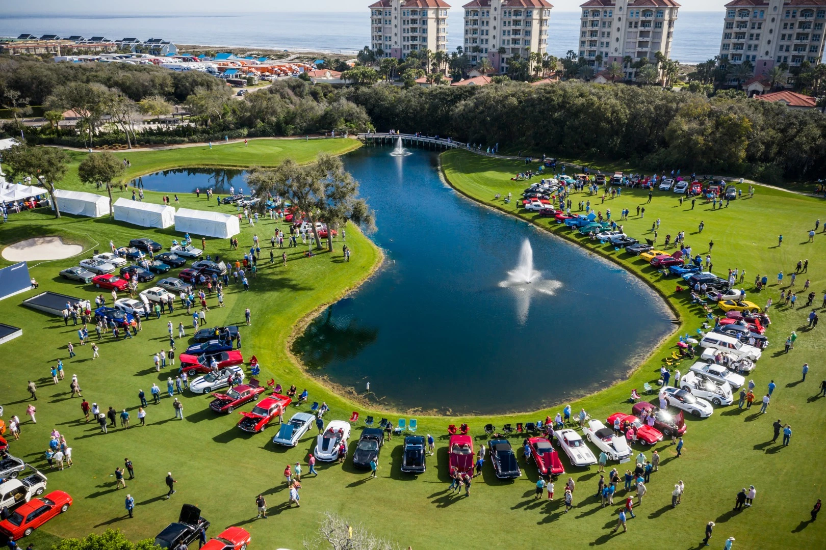 The Amelia Island Concours "Cars & Coffee" event is held on the day prior to the main event and encourages the owners of vintage, exotic, and collectible vehicles to gather on the concours show field