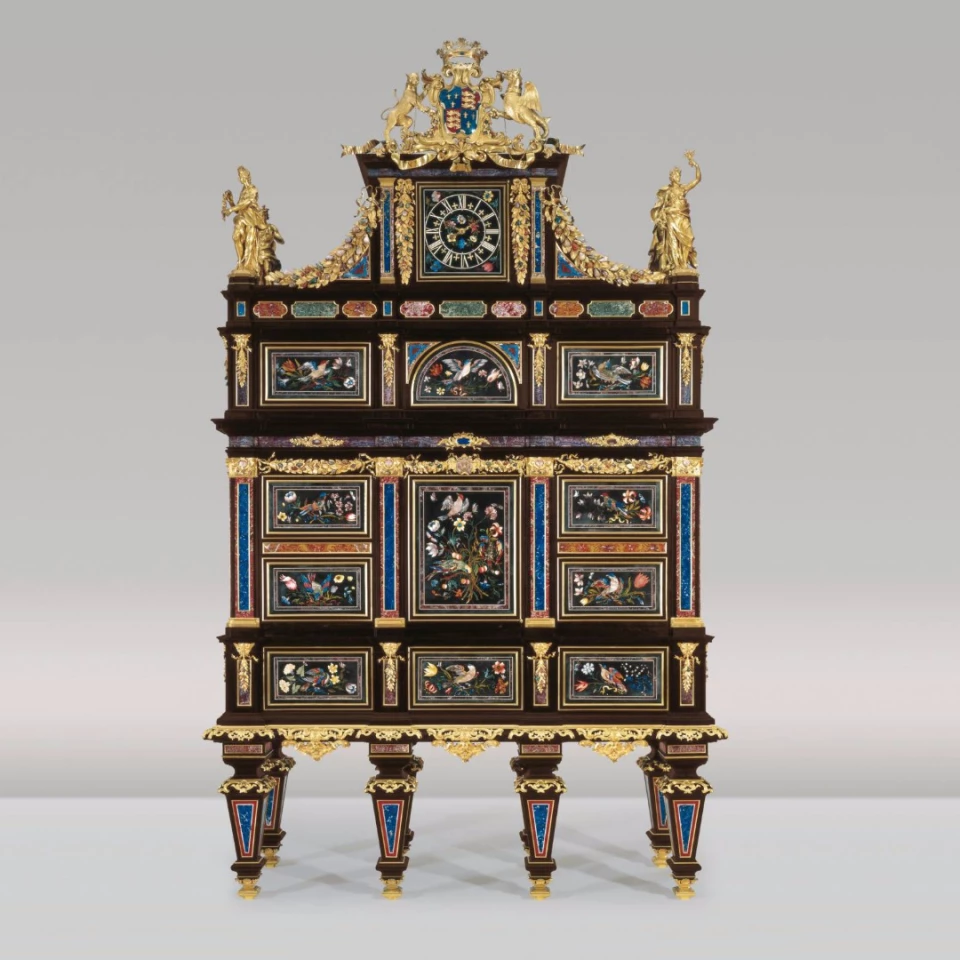 The most expensive piece of furniture ever sold was this magnificent florentine pietra dura, ebony and ormolu cabinet made for the 3rd Duke of Beaufort by the Grand Ducal workshops (Galleria dei Lavori) and Baccio Cappelli, the bronze figures of the four seasons by Girolamo Ticciati, circa 1720-1732. Christies sold the cabinet for US$36,514,611 (£19,045,250) in December, 2004.