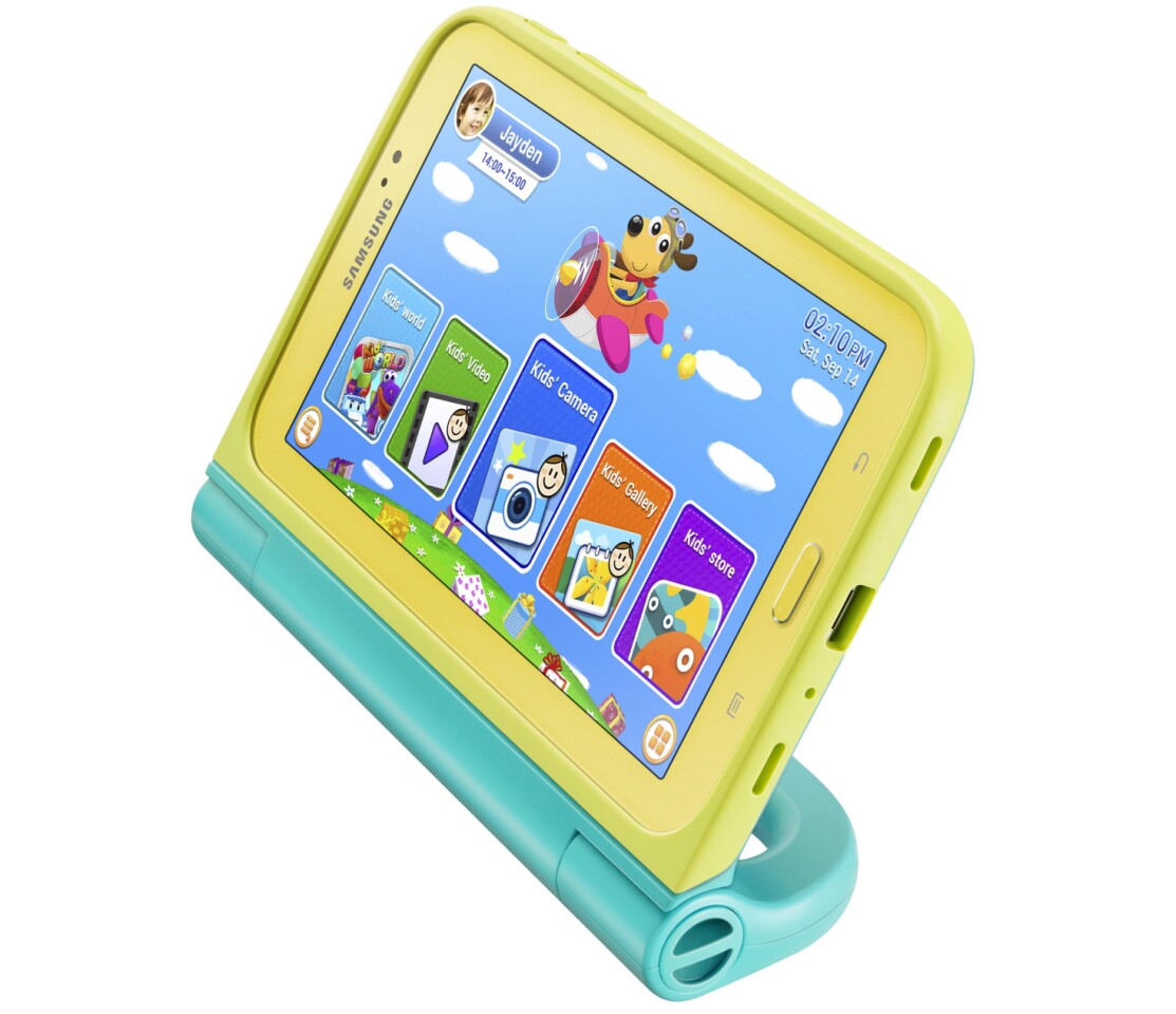 An optional Kids Case for the Samsung Galaxy Tab 3 Kids adds a handle grip and multiple stand options