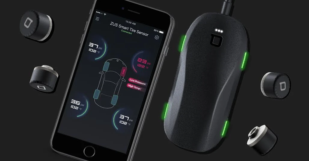 The Zus Smart Tire Safety Monitor consists of sensors fastened to the tire valve and a wireless receiver that collects data to share with a smartphone app