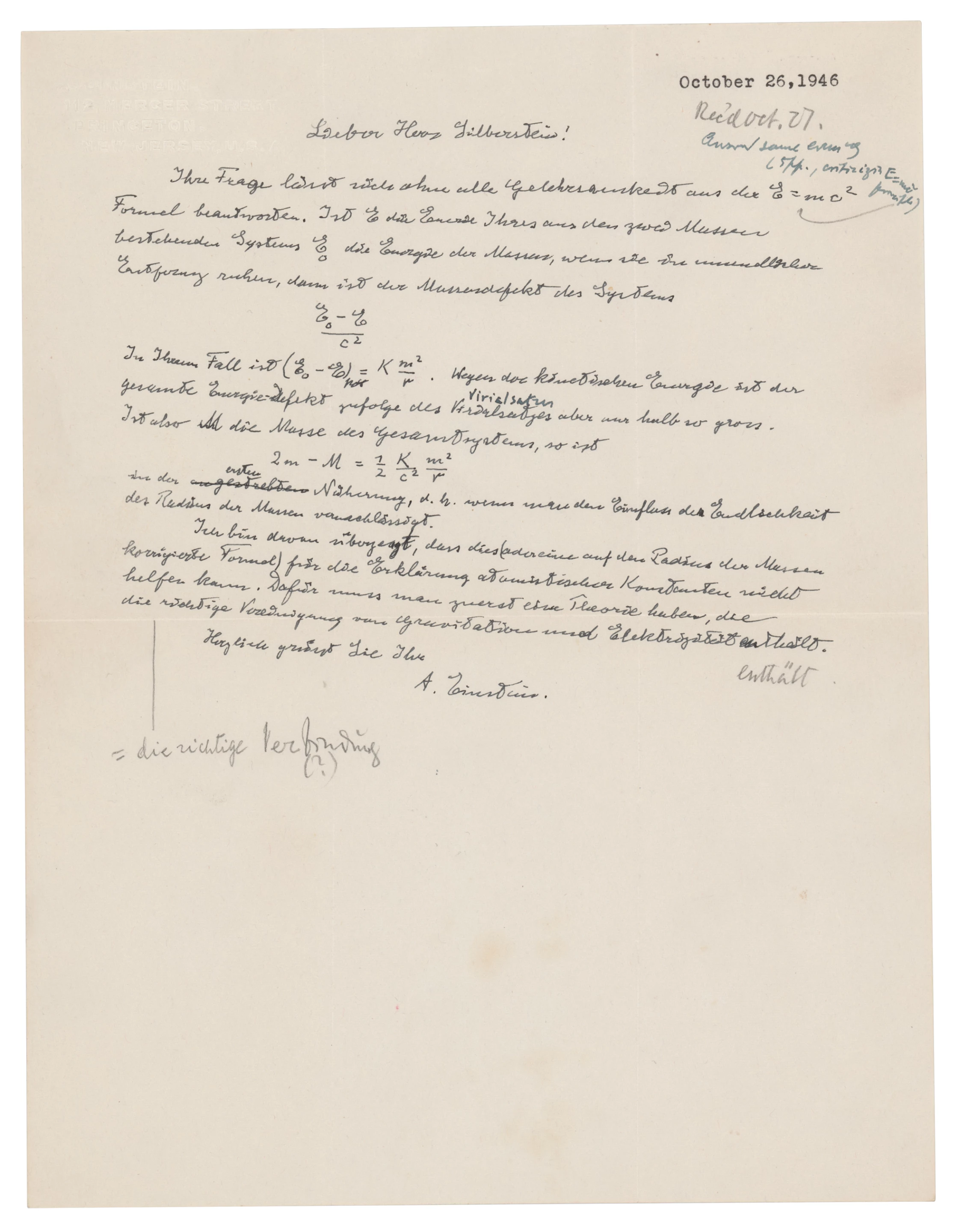 Invoking the immutable laws of supply and demand, this one page handwritten letter from Albert Einstein to Dr. Ludwik Silberstein, in German, on personal Princeton letterhead, and dated 26 October 1946, sold for $1,243,708. The letter contains the singular known holograph in private ownership of Einstein most famous equation "E = mc2.”