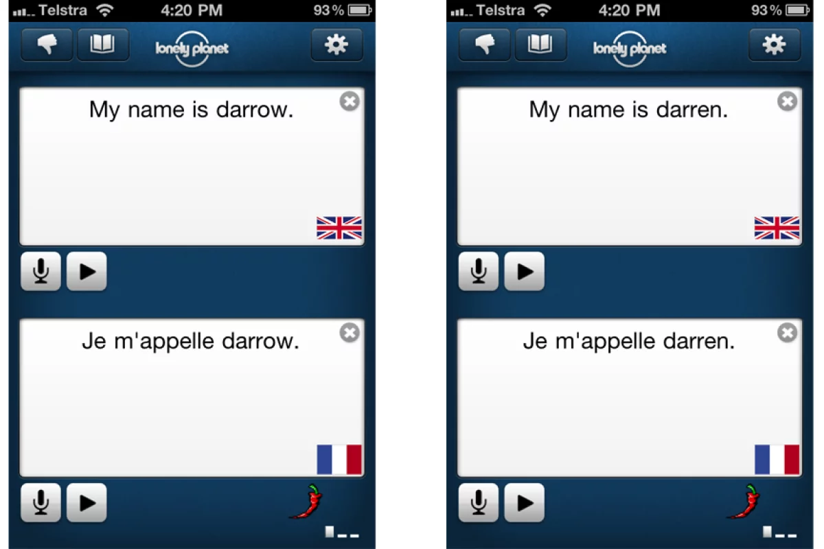 Entering names and places in the Lonely Planet Offline Translator helps the speech recognition accuracy