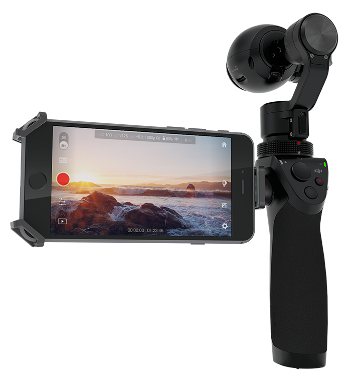 The Osmo's 3-axis motorized gimbal automatically adjusts the pitch, roll and yaw of the camera, allowing it to maintain a smooth, level shot while its user carries it by hand