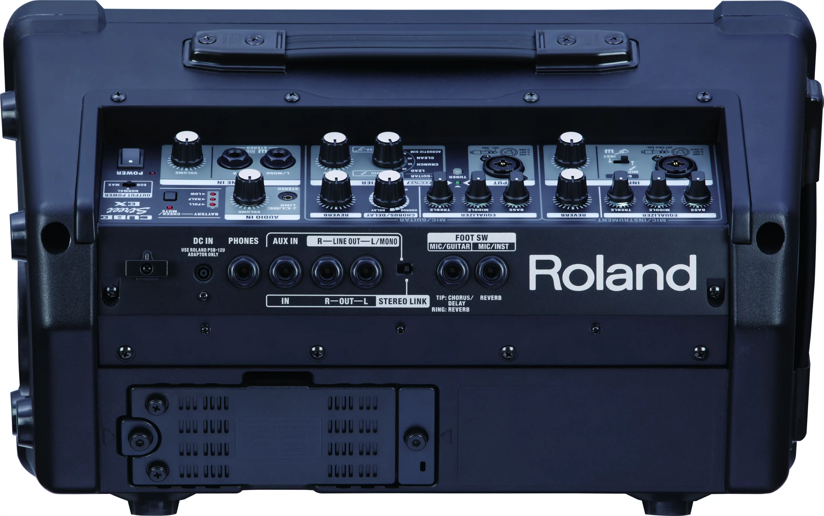 The amp boasts four independent channels, a stereo audio-in channel for Roland's i-CUBE LINK functionality, and an additional Aux-In port to the rear