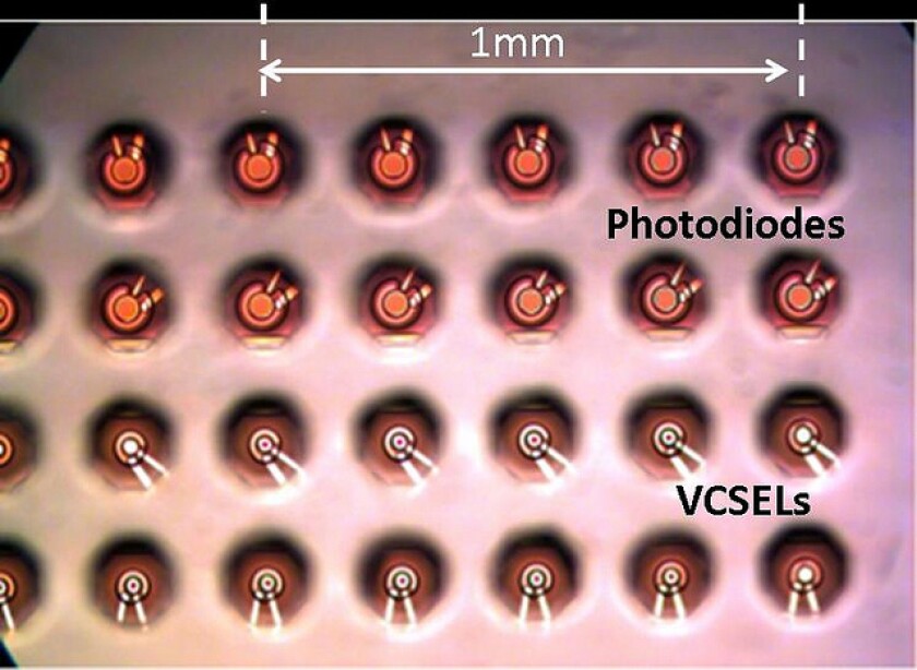 The back of the IBM Holey Optochip, with lasers and photodectors visible through substrate holes