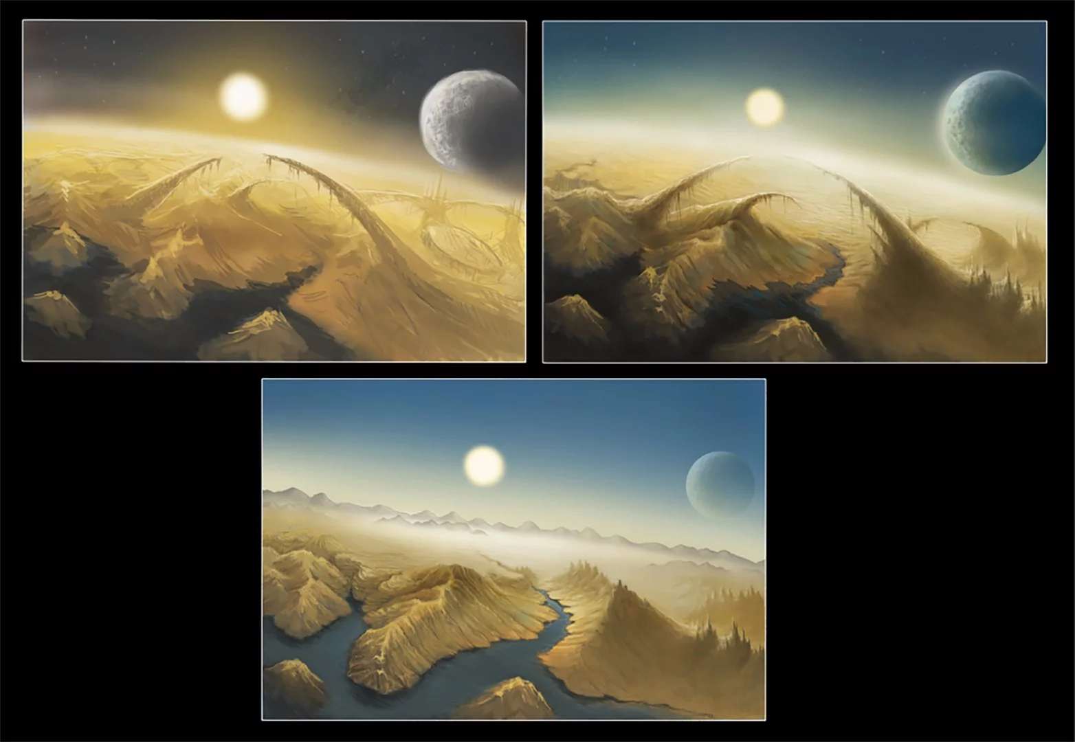 Futselaar's process behind the Kepler 452b landscape – the natural bridges and ruins were removed at the request of scientists