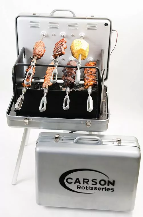 The Carson Portable Rotisserie Grill is a fully-functioning powered rotisserie, that packs away like a briefcase when not in use