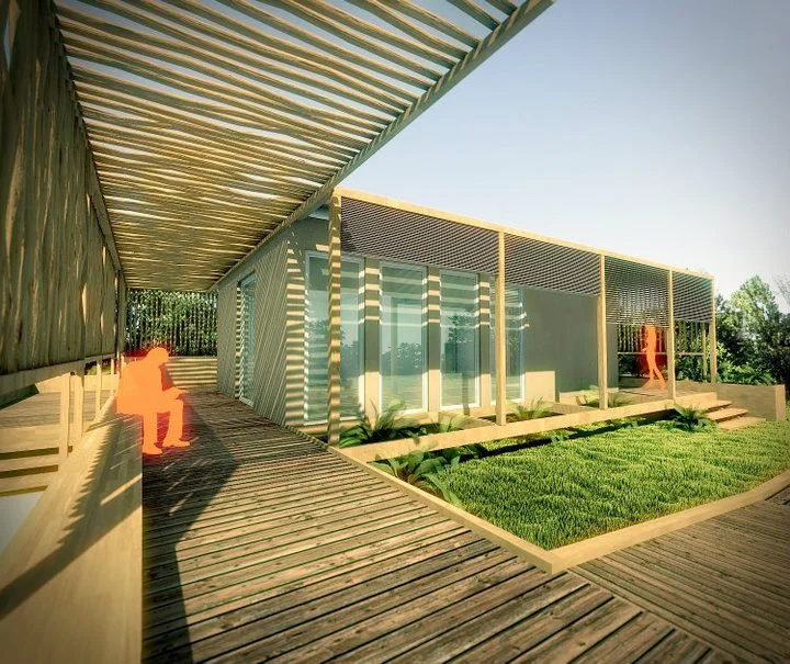 The house uses solar power, rain collection, natural lighting, a dry toilet and a system to turn sewage into garden fertilizer