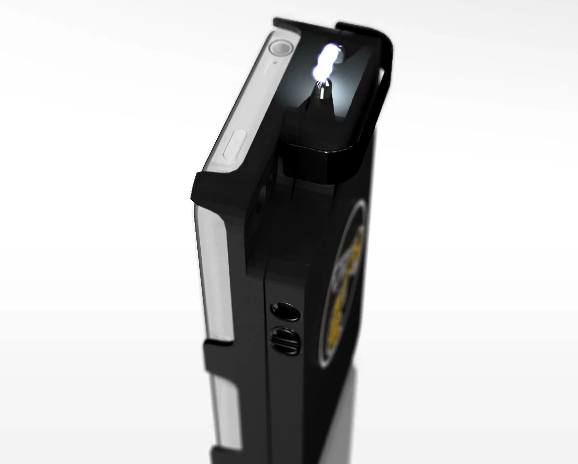 The business end of the Yellow Jacket iPhone case/stun gun combo