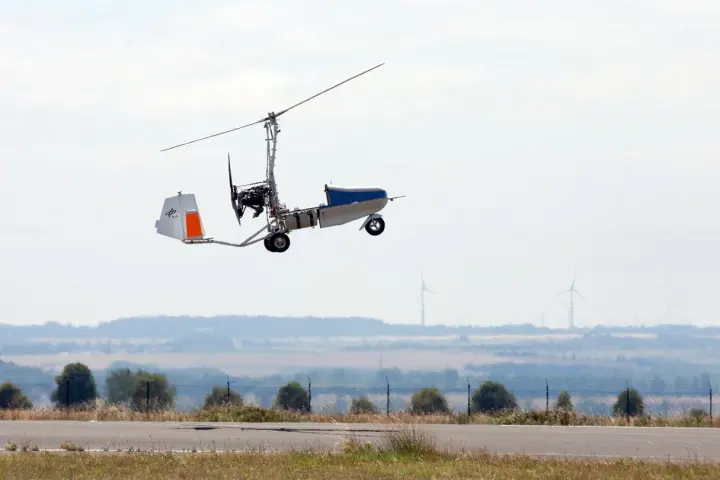 The drone gyrocopter takes to the air over Cochstedt Airport, Germany