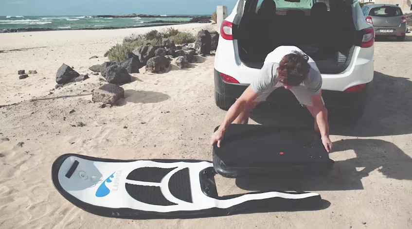 The jet drive secures to the hull, and the hull inflates into shape