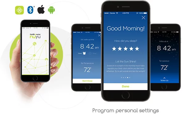 The nuyu Sleep System mobile app is compatible with iOS and Android