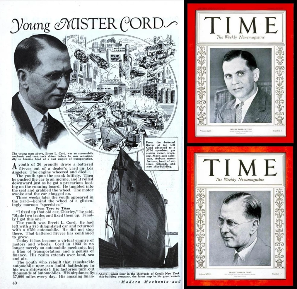 When E. L. Cord assembled his empire under the banner of the Cord Corporation in 1929 (just prior to the Wall Street Crash), he was just 37 years of age, and already controlled 150 companies, including Auburn, Duesenberg and Cord automobiles, Lycoming Engines, New York Shipbuilding, Checker Cab, Stinson Aircraft Company and American Airways (now American Airlines). He is one of very few people in history to have twice made the cover of Time magazine.
