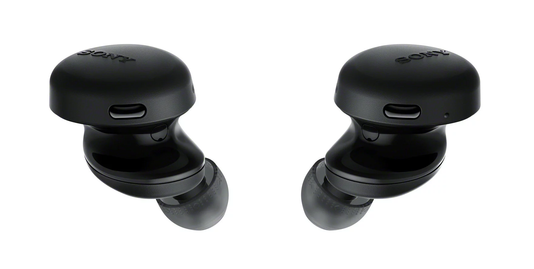 The distinctive three-layer design includes a physical button on each earbud