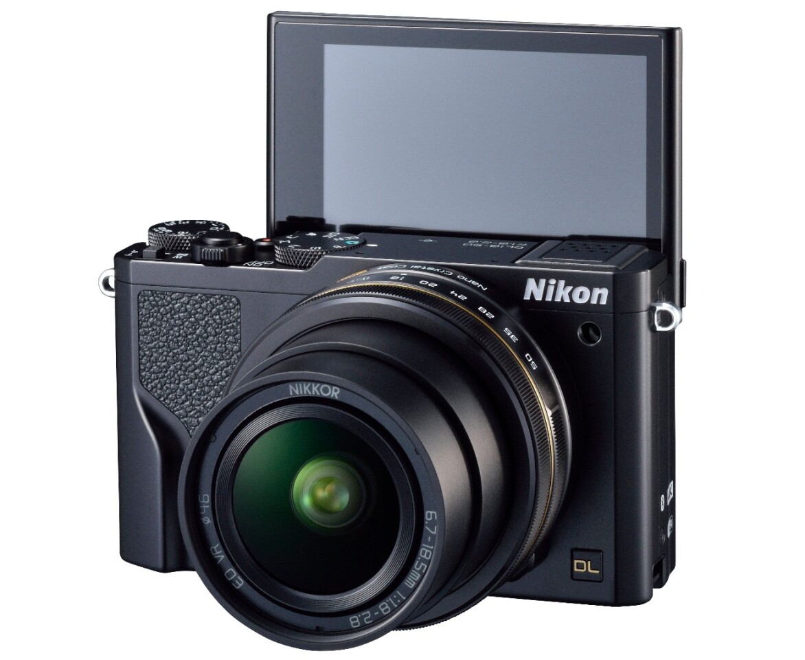 The rear touchscreen on the Nikon DL18-50 can tilt upwards for selfie shooting