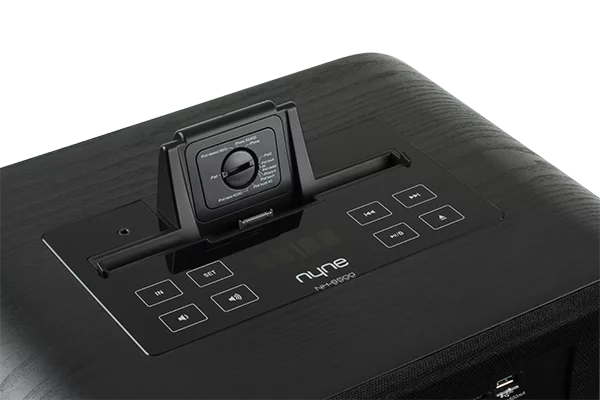 A prominent docking bay on top adjusts to fit most models of iPods, iPhones, and iPads