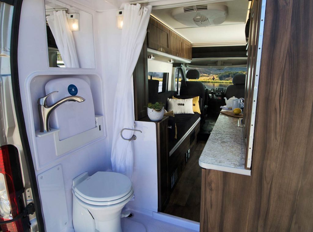 Carado's new Axion Studio includes a rear bathroom with sit-down/stand-up shower, toilet and sink