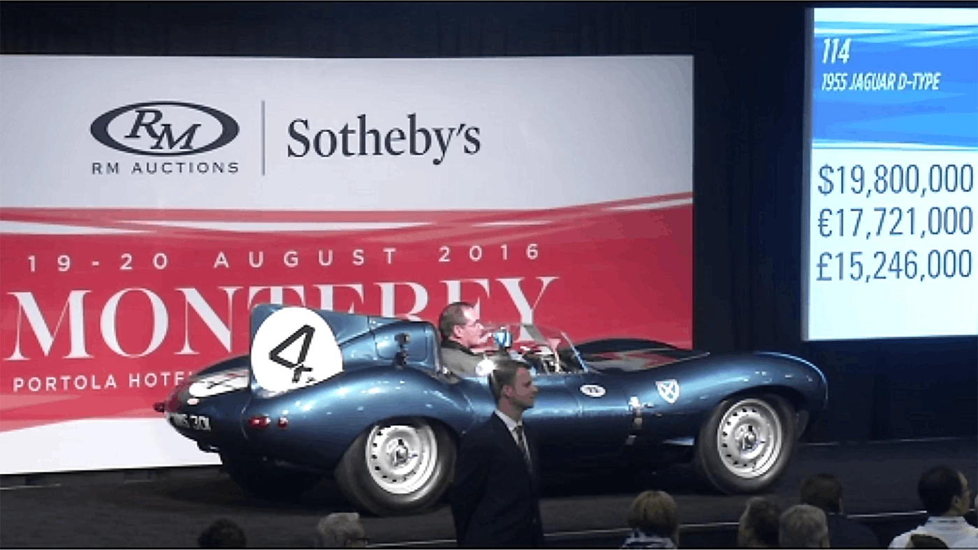 This 1955 Jaguar D-Type (chassis no. XKD 501) was the first D-Type supplied by Jaguar to a non-factory team, the famous Scottish Racing team, Ecurie Ecosse, which used it to win the 1956 24 Hours of Le Mans with drivers Ron Flockhart and Ninian Sanderson. The car has spent the last two decades in one of America's leading automotive collections. The 1955 Jaguar D-Type sold for $21,780,000 at RM-Sotheby’s 2016 Monterey auction.