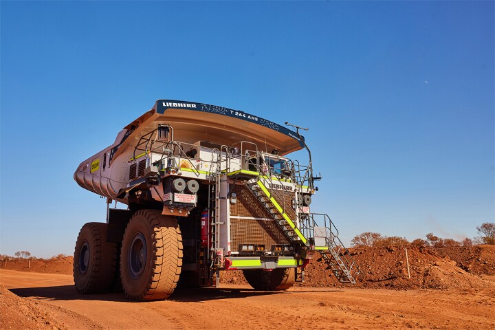 An autonomous iron ore hauling truck developed by Fortescue and Liebherr