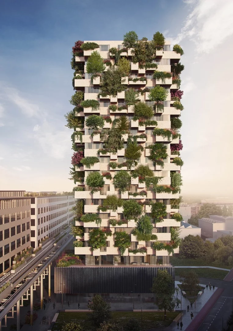 The Trudo Vertical Forest will rise to a total height of 75 m (246 ft) and host 125 trees, 5,200 shrubs and over 70 plant species