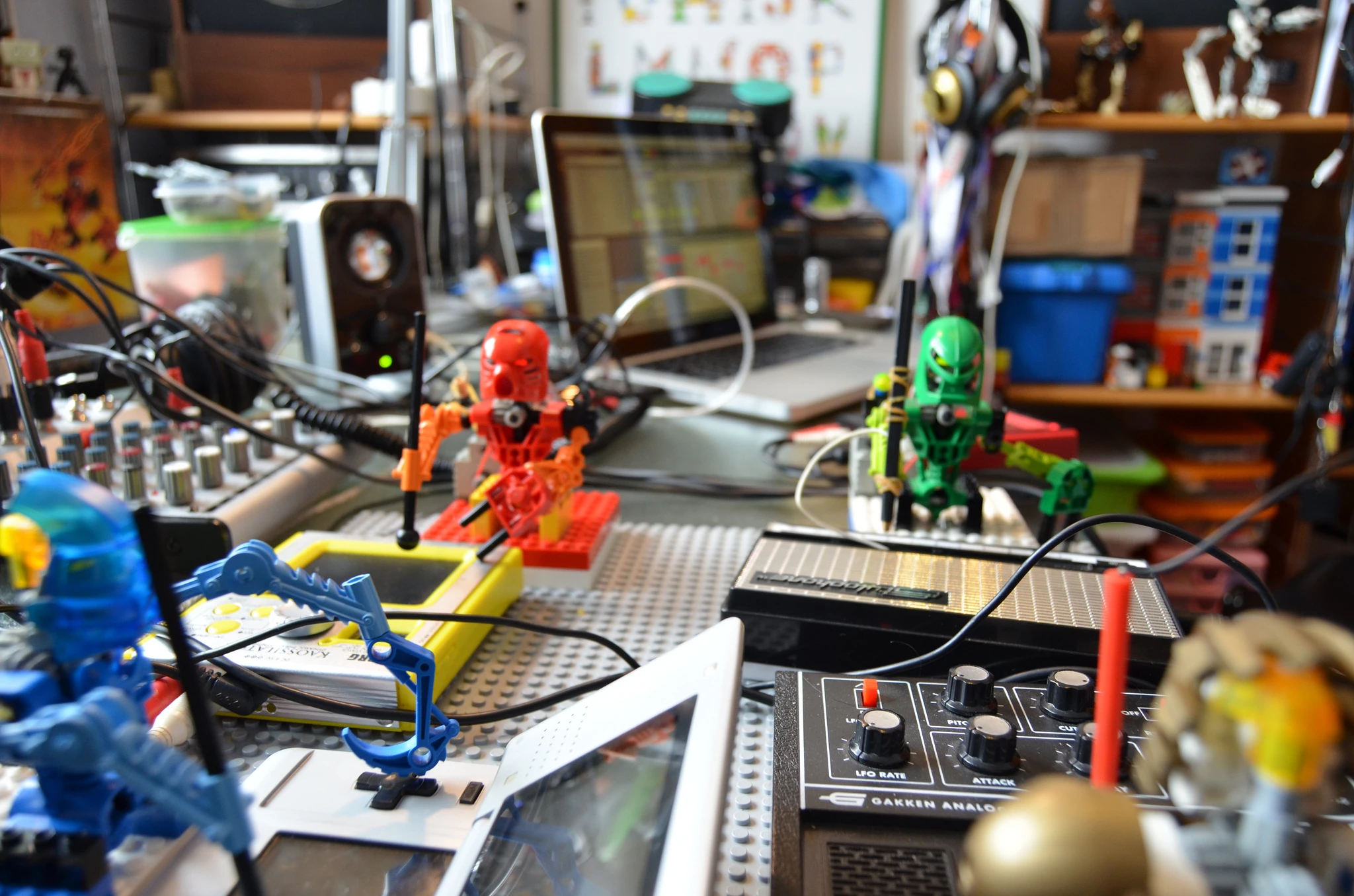 The "Toa Mata Band" is made up of several tiny robotic LEGO figures programmed to play a variety of instruments.