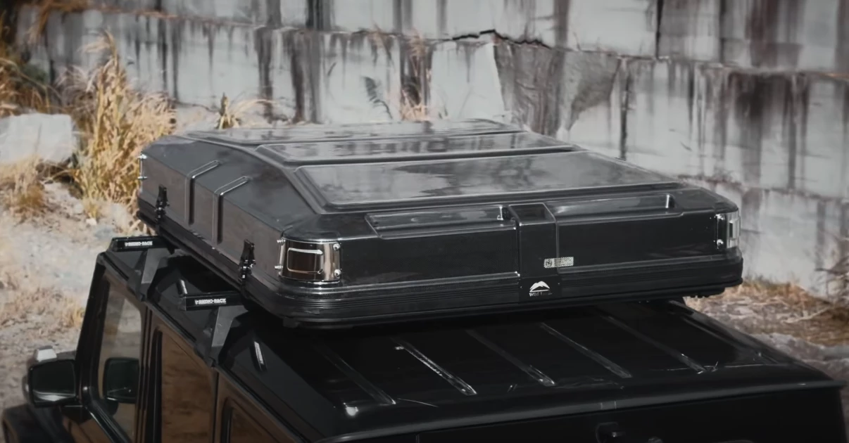 A closer look at the Sky Rover's clear shell; the tent measures in at 68.5 x 56.3 x 12.6 inches (174 x 143 x 32 cm) when packed and weighs 219 lb (99.5 kg)