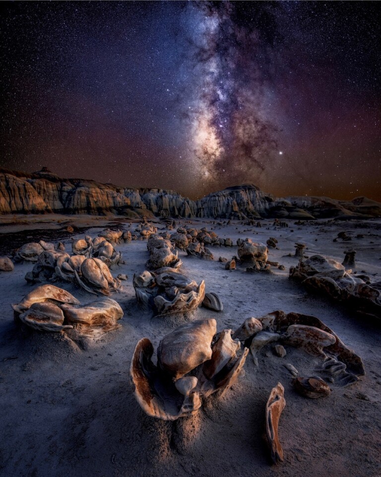 Alien Eggs, shot in the Badlands of New Mexico, USA. With rock formations that look like a clutch of eerie eggs, it's easy to feel like you're on another planet.