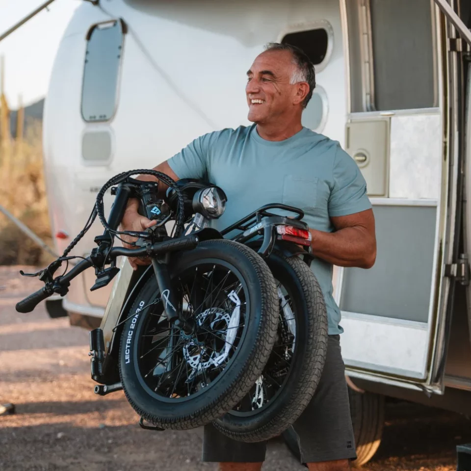 The Lectric XP4 folds for between-ride transport or storage