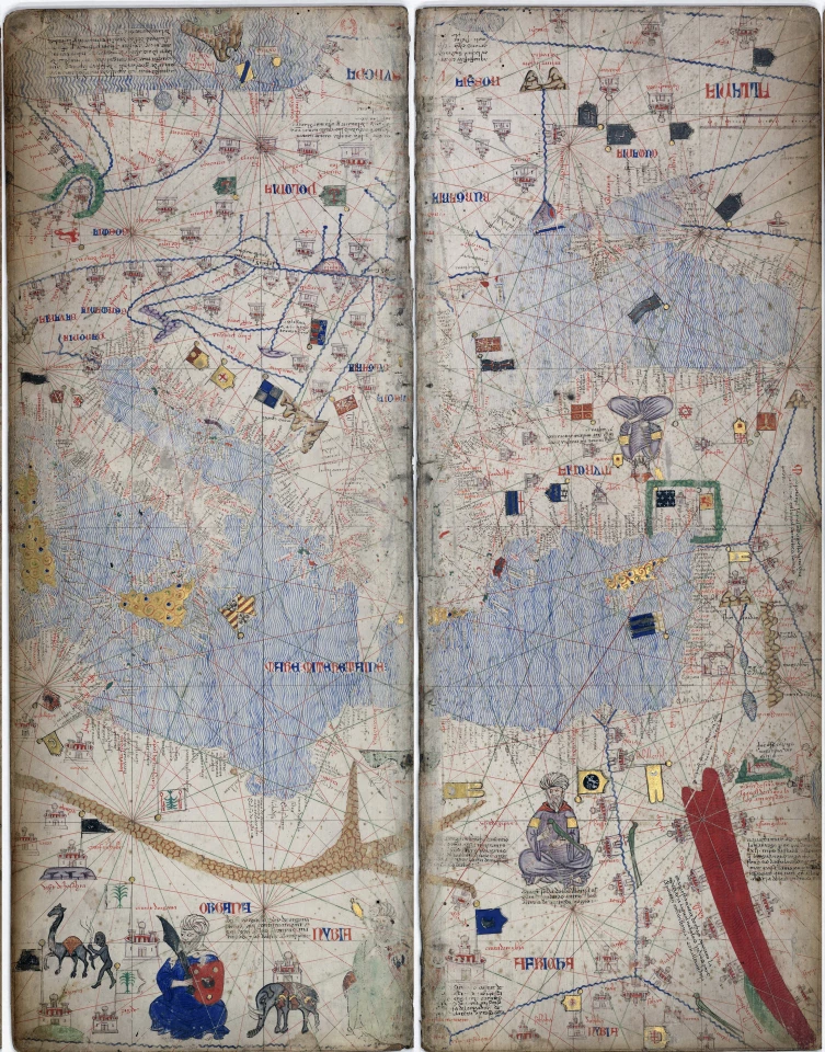 This image derives from the portolan atlas created in 1375 in the workshop of Abraham Cresques in Mallorca. The section highlighted here focuses on the Eastern Mediterranean and the Black Sea